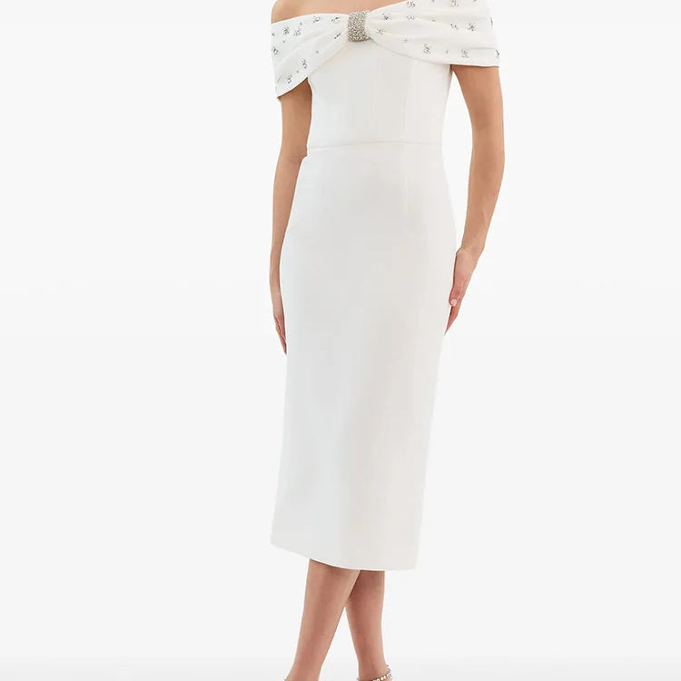 Black White Color Women Sexy Slash Neck Off the Shoulder Bodycon Mid-calf Dress Shinning Crystal Celebrate Evening Party Outfit