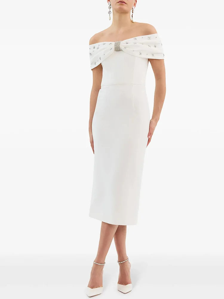 Black White Color Women Sexy Slash Neck Off the Shoulder Bodycon Mid-calf Dress Shinning Crystal Celebrate Evening Party Outfit