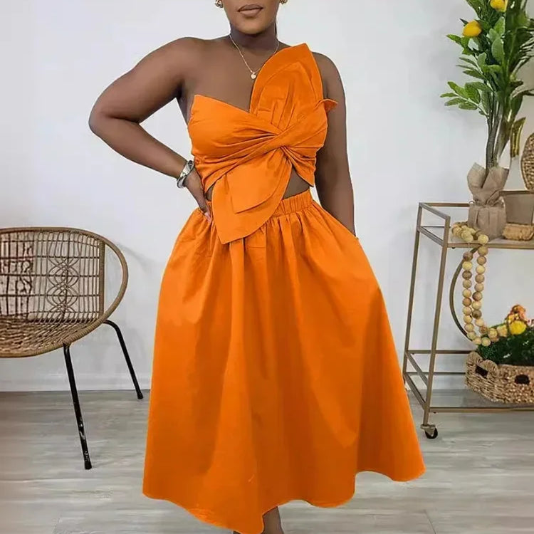 CM.YAYA Women Big Petal Front Strapless Midi Long Dress 2024 Summer Street Vestidos Sexy Party Evening Chic Big Swing Dresses