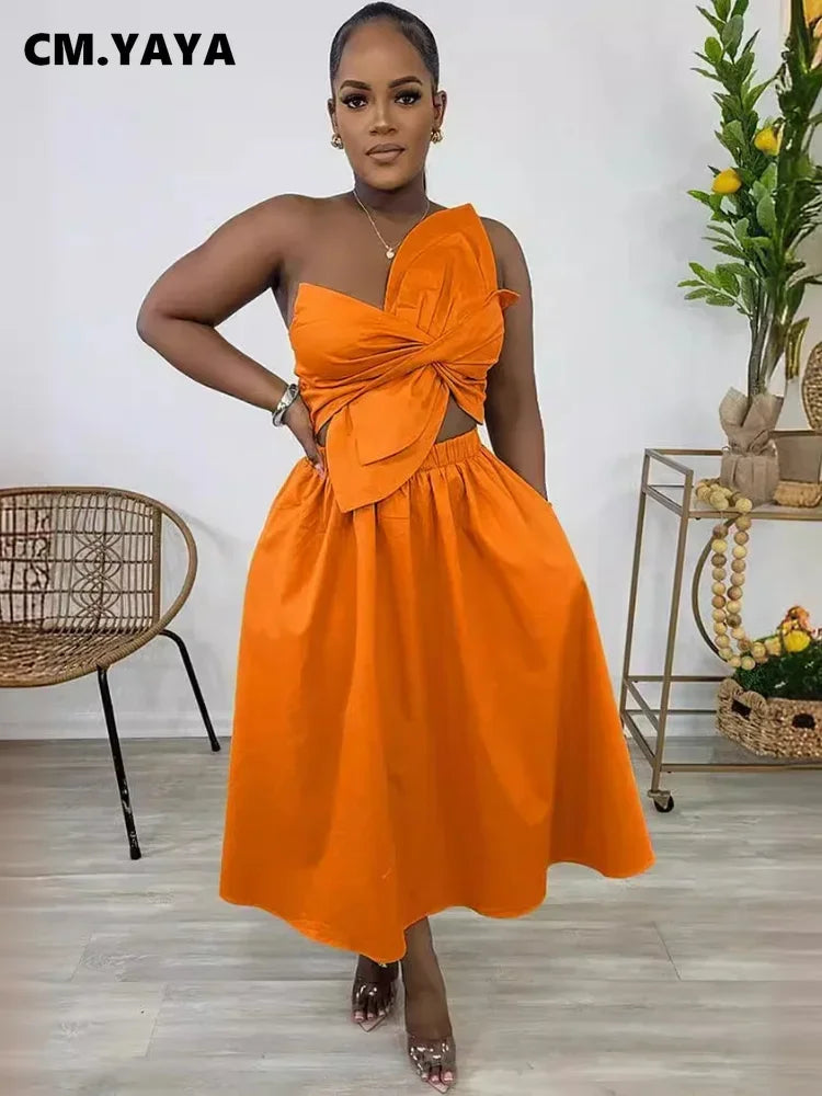 CM.YAYA Women Big Petal Front Strapless Midi Long Dress 2024 Summer Street Vestidos Sexy Party Evening Chic Big Swing Dresses