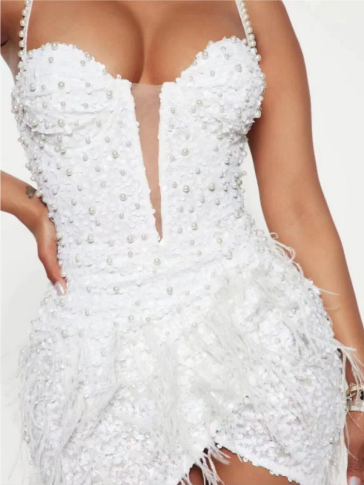 Summer White Color Women Sleeveless Sexy V-Neck Bodycon Mini Dress Pearl Beading Feathers Nightclub Party Birthday Dress