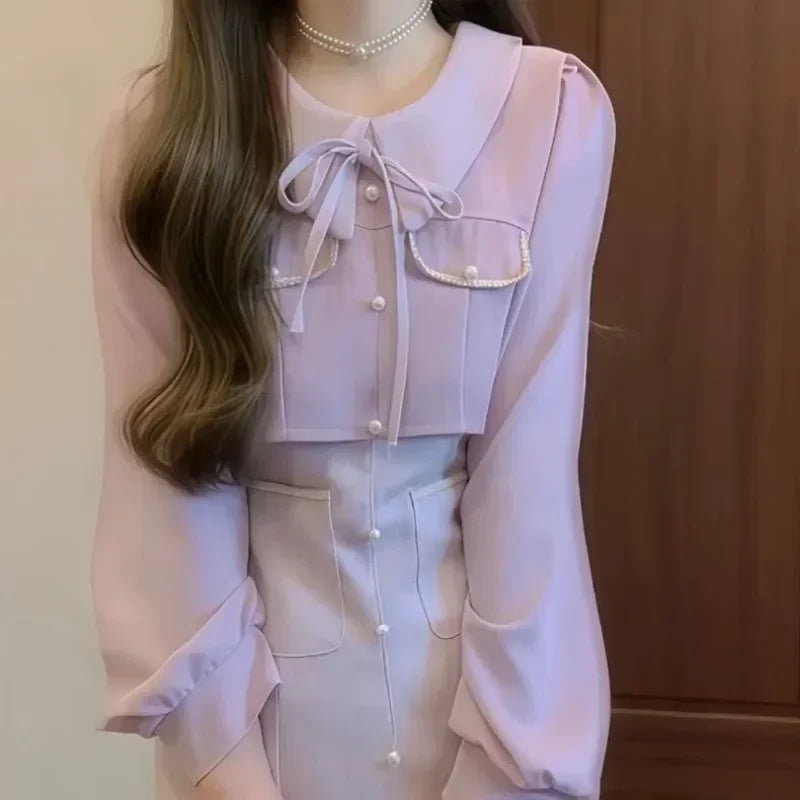 French Elegant Dress Lavender Temperament Women's Clothing High Grade Gentle Fake Two Piece Purple Long Sleeve Dress