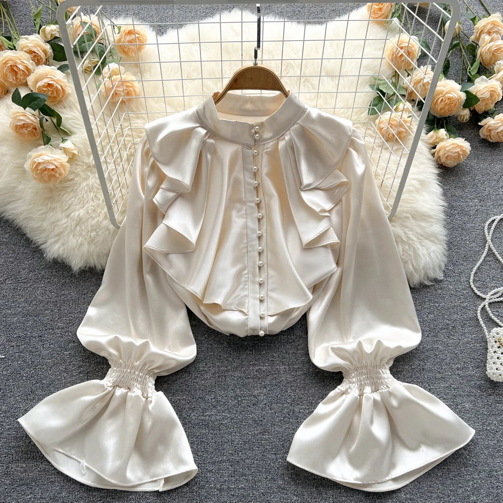 Satin Loose Shirt Long Flared Sleeves Ruffles O Neck Beading Women Gentle Office Lady Casual Blouse apricot One Size
