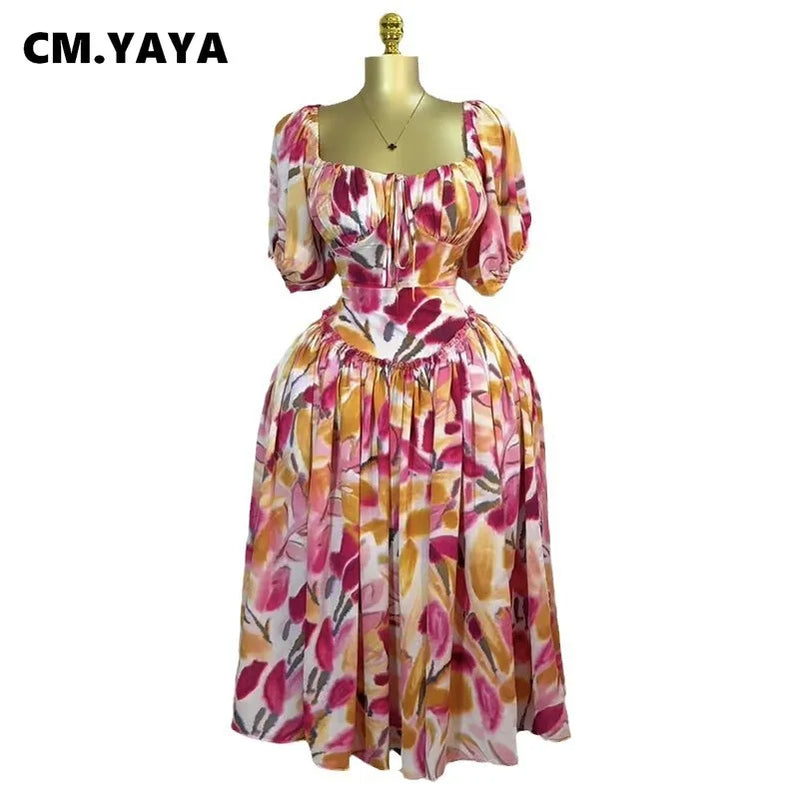 CM.YAYA Women Tulip Foral Printed Lantern Short Sleeve Big Swing High Waist Dress 2025 Chic Birthday Party Vestidos Sexy Dresses