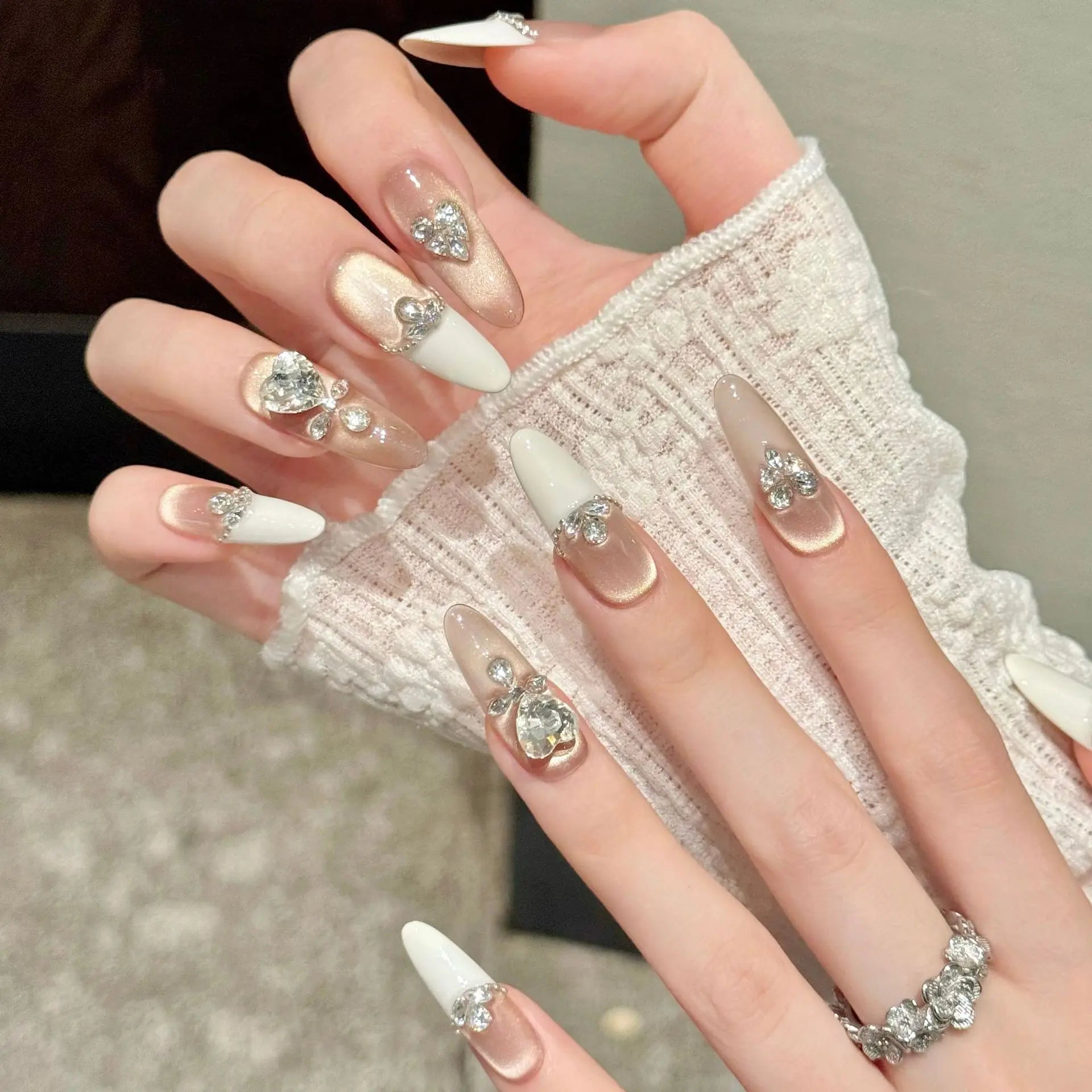 10pcs French Handmade Fake Nail Tips Diamond Design Cat's Eye Long Ballet False Nail Art Finished Wearable Coffin Press on Nails