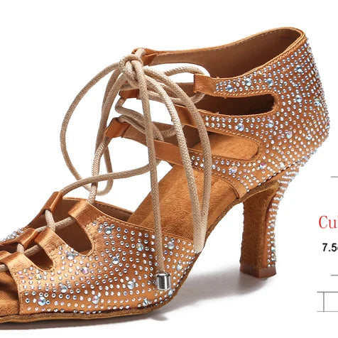 di seta donna scarpe da ballo latino fondo morbido sandali da donna Tango Party Dance Shoes scarpe da sposa con strass bronze heel 7.5CM