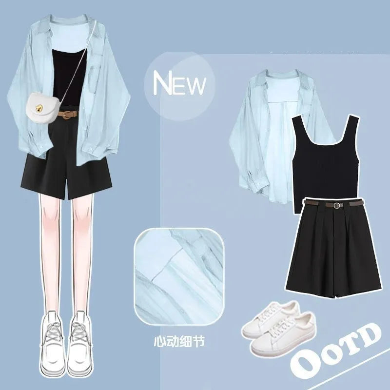 Women's Tracksuit Suit Summer Casual Sunscreen Shirt Top Vest Shorts Three Piece Korean Chic Blouse Pants Matching Set Set 03