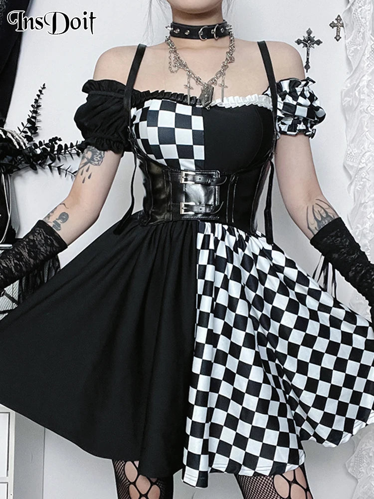 Vintage Folds A Line Swing Dress Women's Plaid Color Block Ruffle Mini Dress Short Sleeve Collar Flared Short Dresses