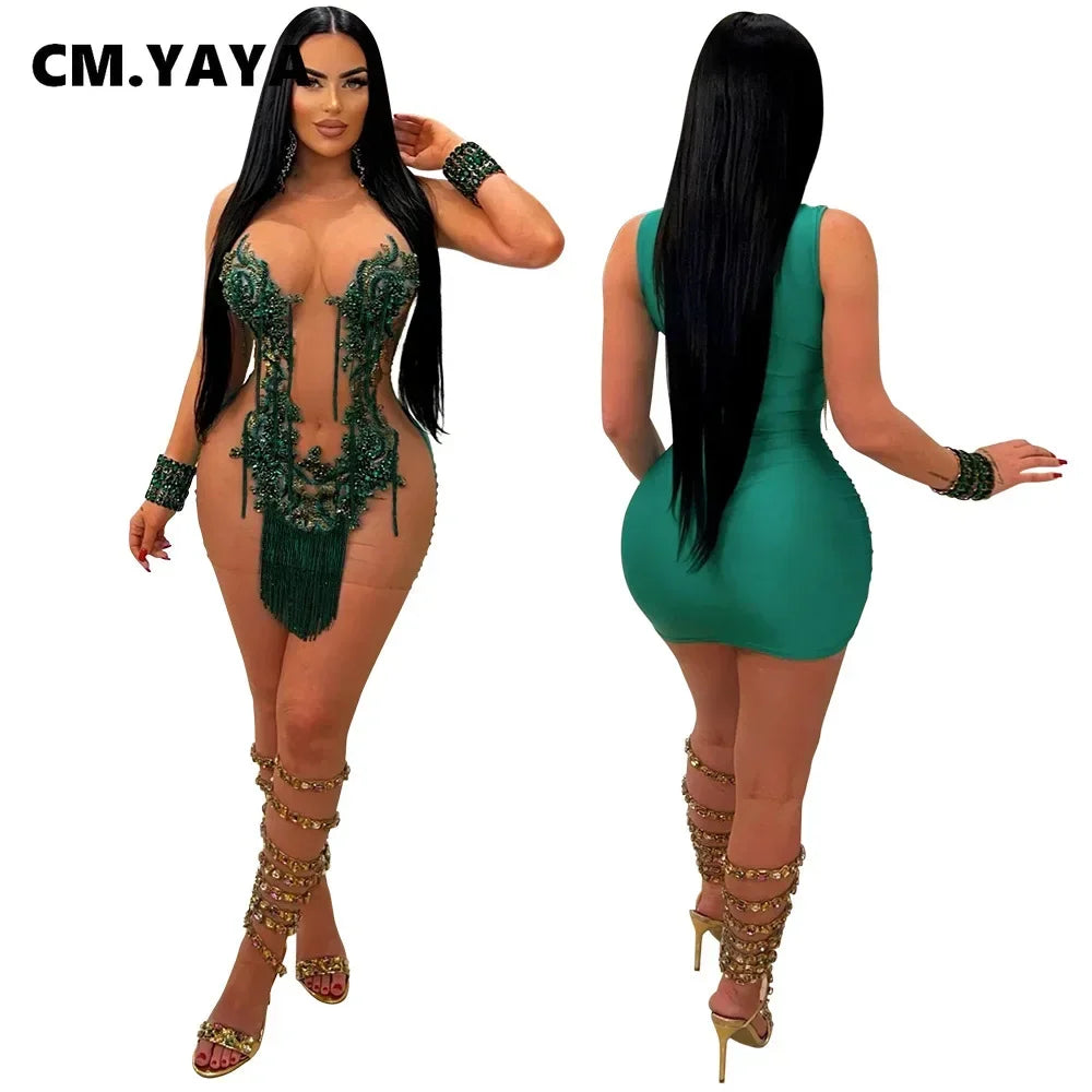 CM.YAYA Women O-neck Sequined Tassel Mini Dress Sleeveless Mesh See Through Sexy Pencil Dresses Sexy Fashion Vestidos Summer