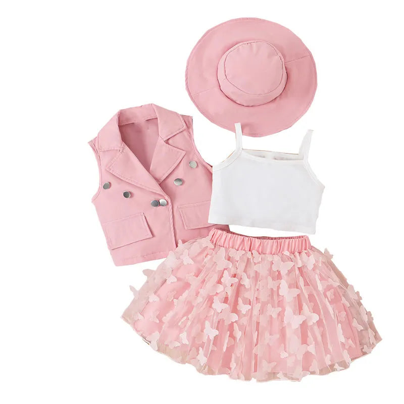 Fashion Children Girl Clothing Sets 4 PCS Cotton Sleeveless Tops Vest Skirt Hat Summer Kids Clothes Girls Outfit 4-7 Years Pink