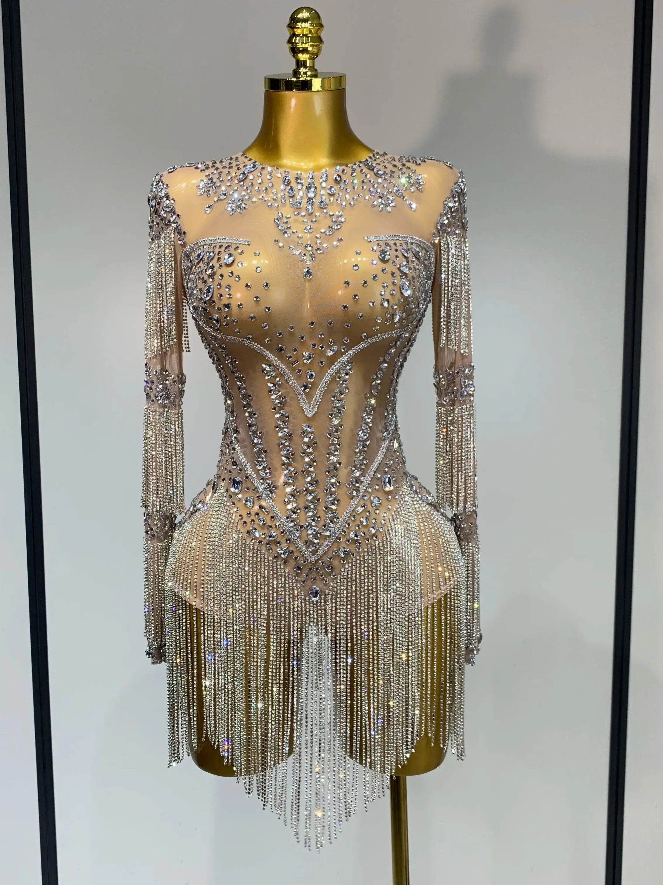 Luxury Birthday Evening Party Gown Sparkly Rhinestone Bodysuit Women Sexy Mesh See Through Performance Dance Stage Costume