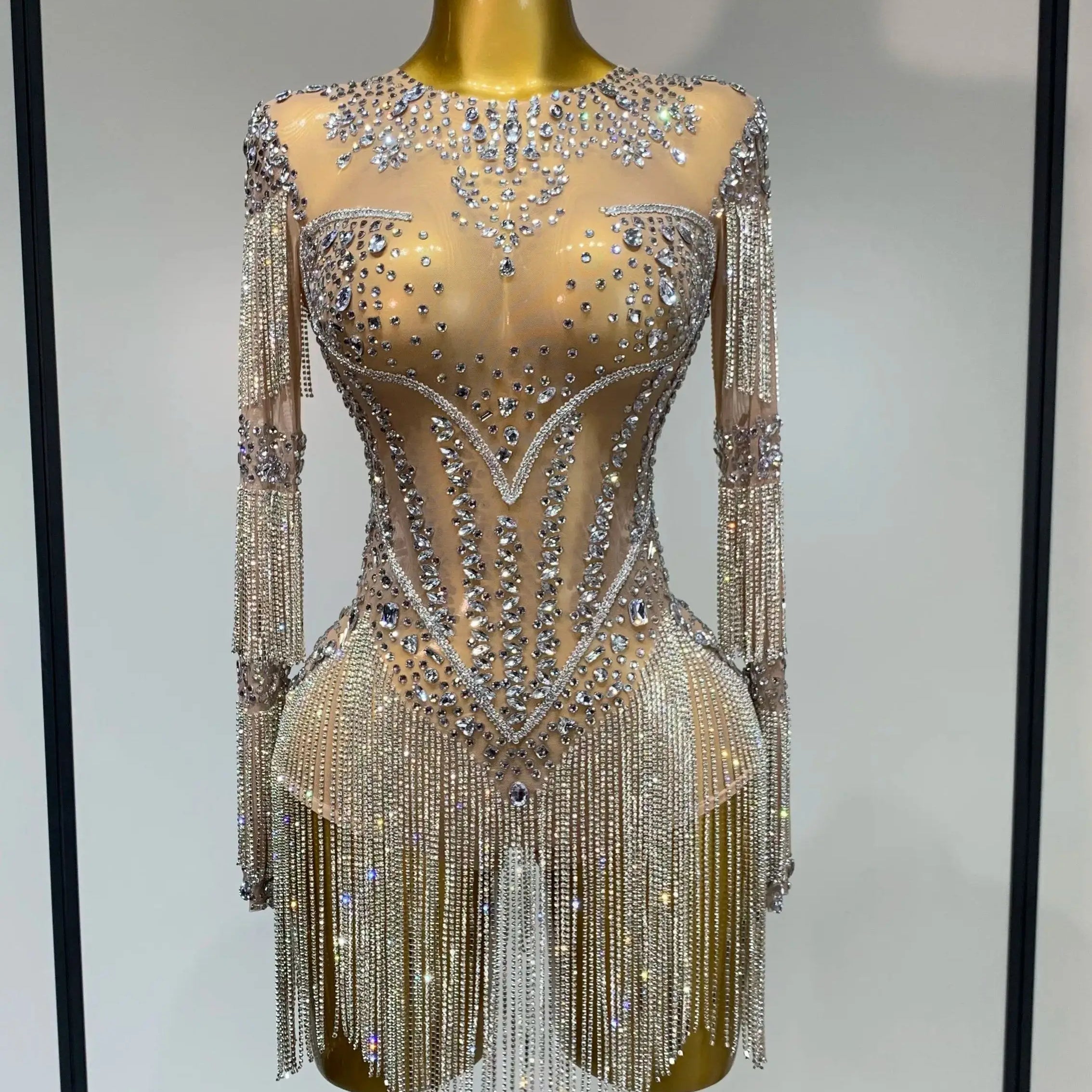 Women Sexy Mesh See Through Performance Dance Nightclub Rompers Singer Stage Outfit Sparkly Rhinestone Bodysuit Birthday Wear