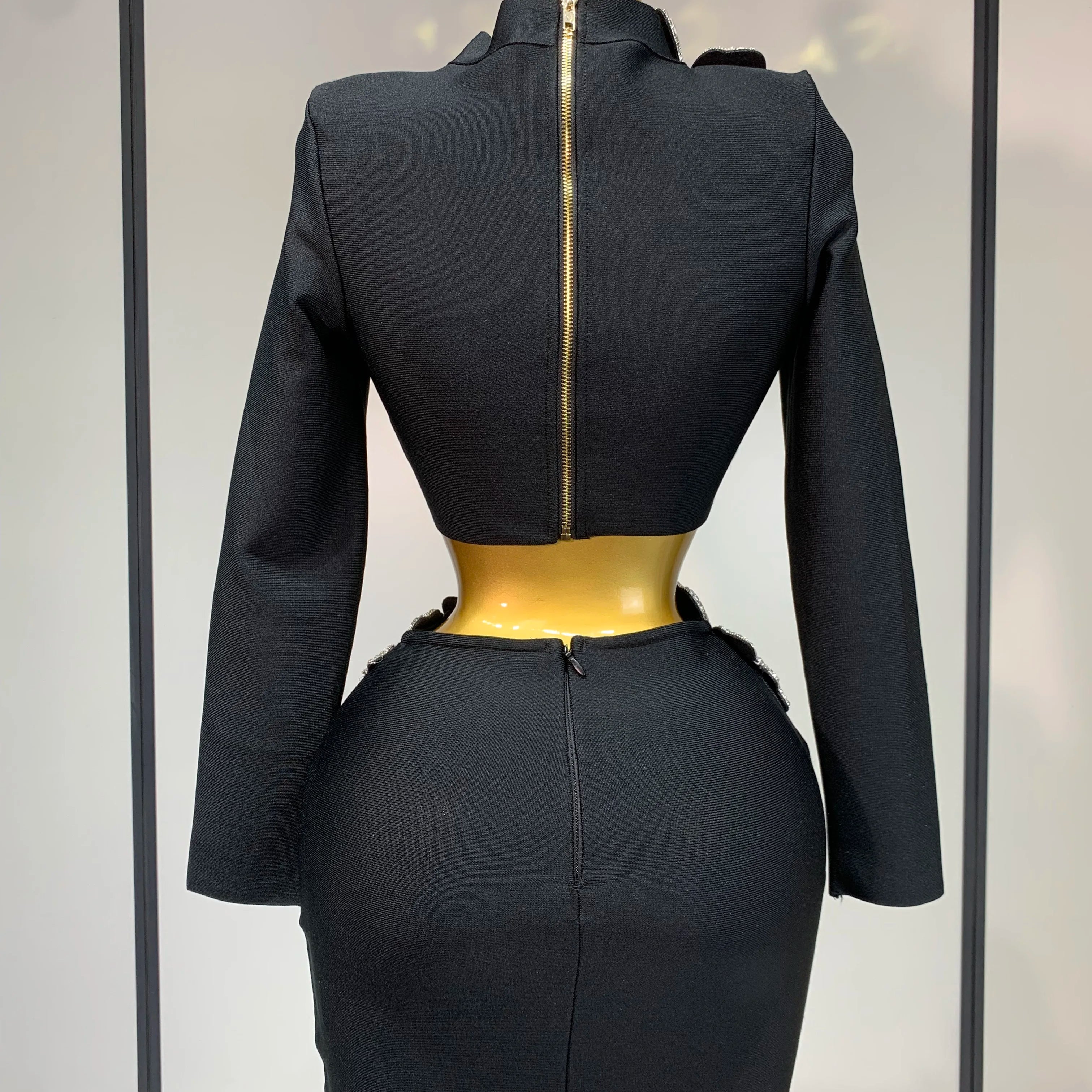 Women Long Sleeves Bandage Two Piece Sets Turtleneck Shiny Diamonds Flower Top Bodycon Mini Skirts Suits Evening Club Party Set