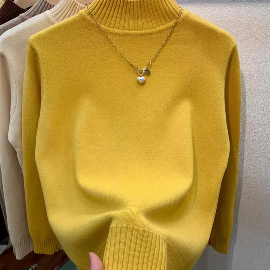 Candy Color Half Turtleneck Sweater Pullover Women Fall Winter Slim Soft Knitwear Jumper Korean Casual Warm Knit Long Sleeve Top Yellow