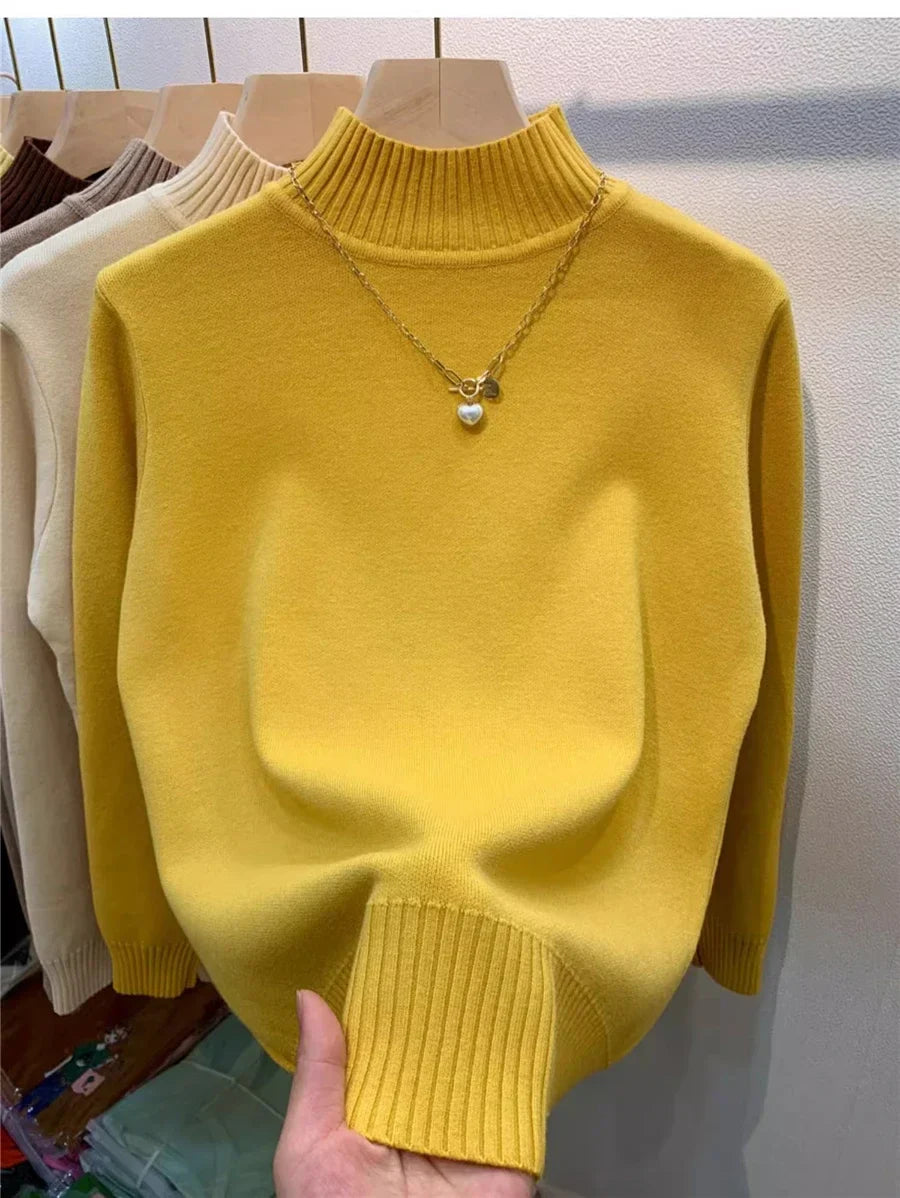 Candy Color Half Turtleneck Sweater Pullover Women Fall Winter Slim Soft Knitwear Jumper Korean Casual Warm Knit Long Sleeve Top Yellow