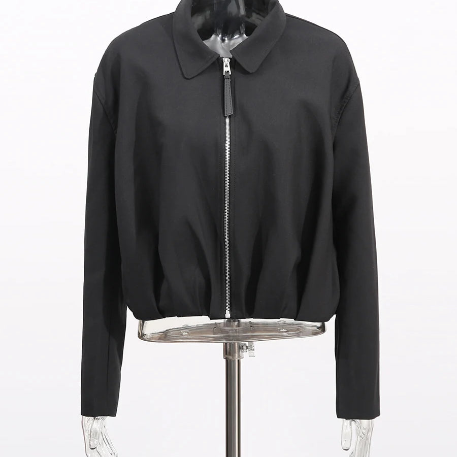 TWOTWINSTYLE Fashion Casual Two Piece Sets for Women Lapel Long Sleeves Patchwork Zipper Top High Waist Wide Leg Pant Set Female