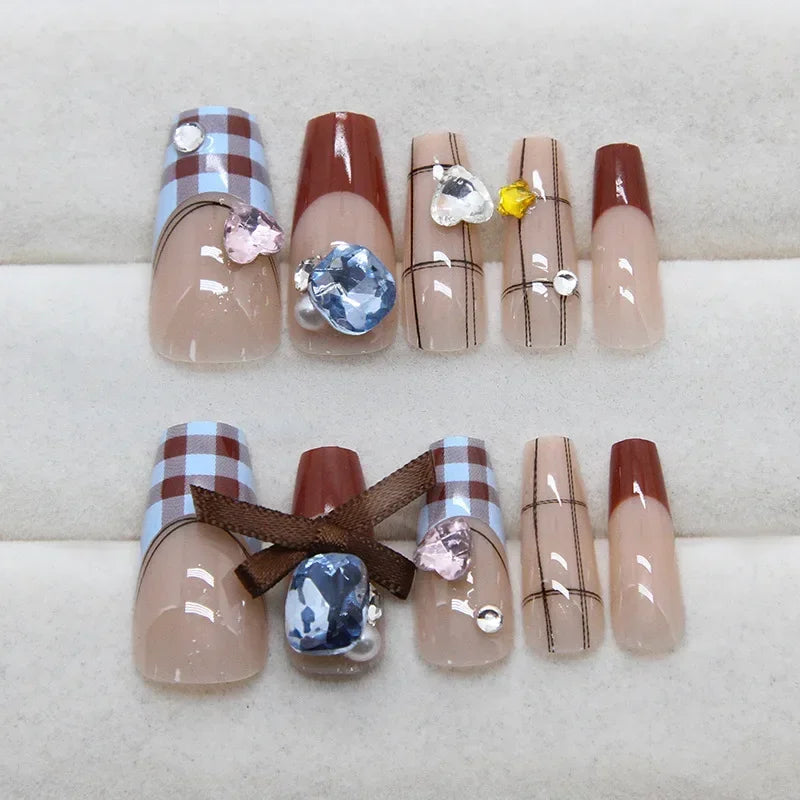 24Pcs Vintage Plaid Press-On Nails Set Blue & Brown with Sparkling Rhinestone Bows Fake Nails Perfect for Girls Daily Wear