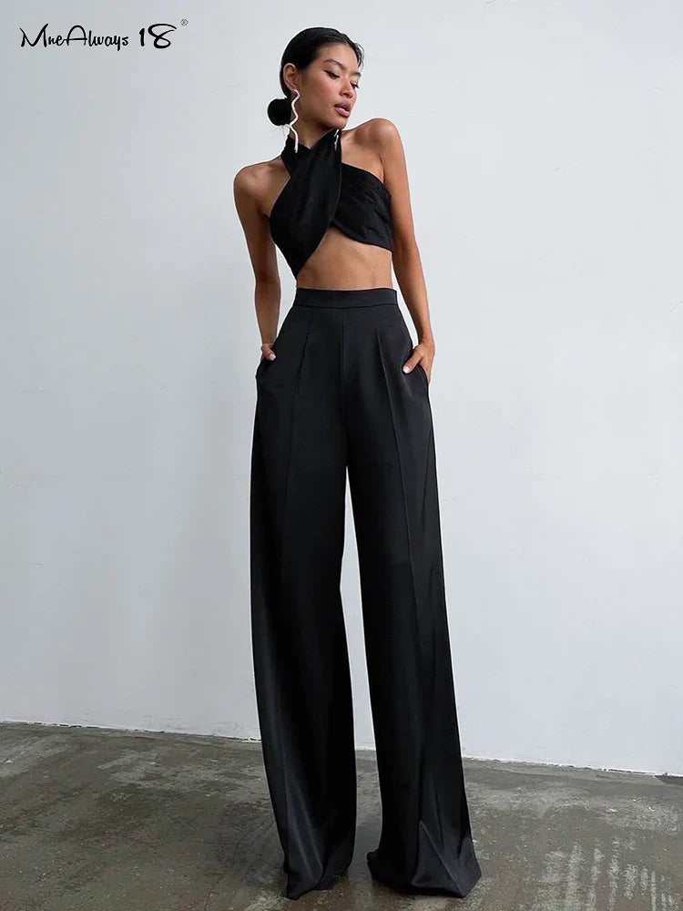 Mnealways18 Fashion Classy Women Palazzo Pants High Waist Floor-Length Satin Trousers Spring Summer High Street Baggy Pants