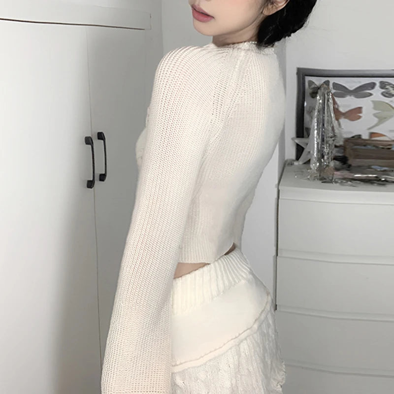 White Butterfly Shaped Sweater Cardigan Sexy Split Lace-up Knitwears Solid Elegant Autumn Clothing y2k Aesthetic Outfits