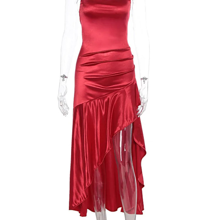 Satin Spaghetti Strap Ruffled Sexy Maxi Dress For Women Gown Red Off-shoulder Sleeveless Backless High Split Long Dress