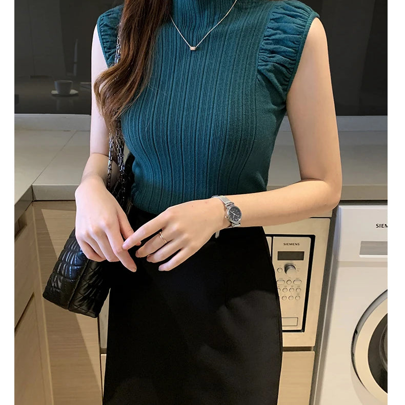 Women Tops Half High Collar Vest Solid Casual Female Sleeveless Knitted Summer Half Turtleneck Knitted Sleeveless T-Shirt DG