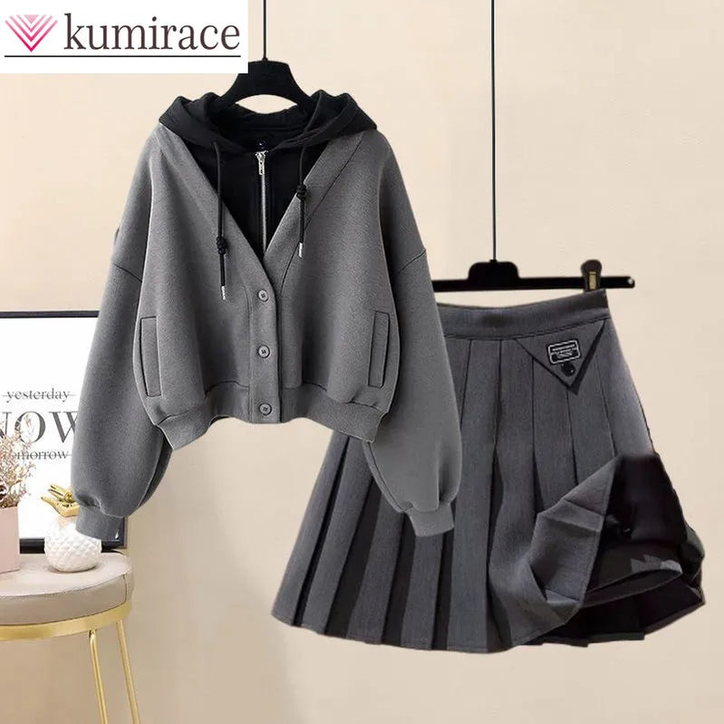 Autumn New Plush and Thick Patchwork Hoodie Jacket Pleated Mini Skirt Two-piece Elegant Women's Skirt Set Outfits