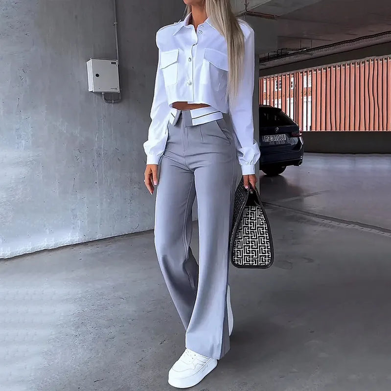 fall spring Women Two Piece Set Office Simple Solid Lapel Long Sleeve white Shirt Top gray Pants Set blazer elegant Y2K