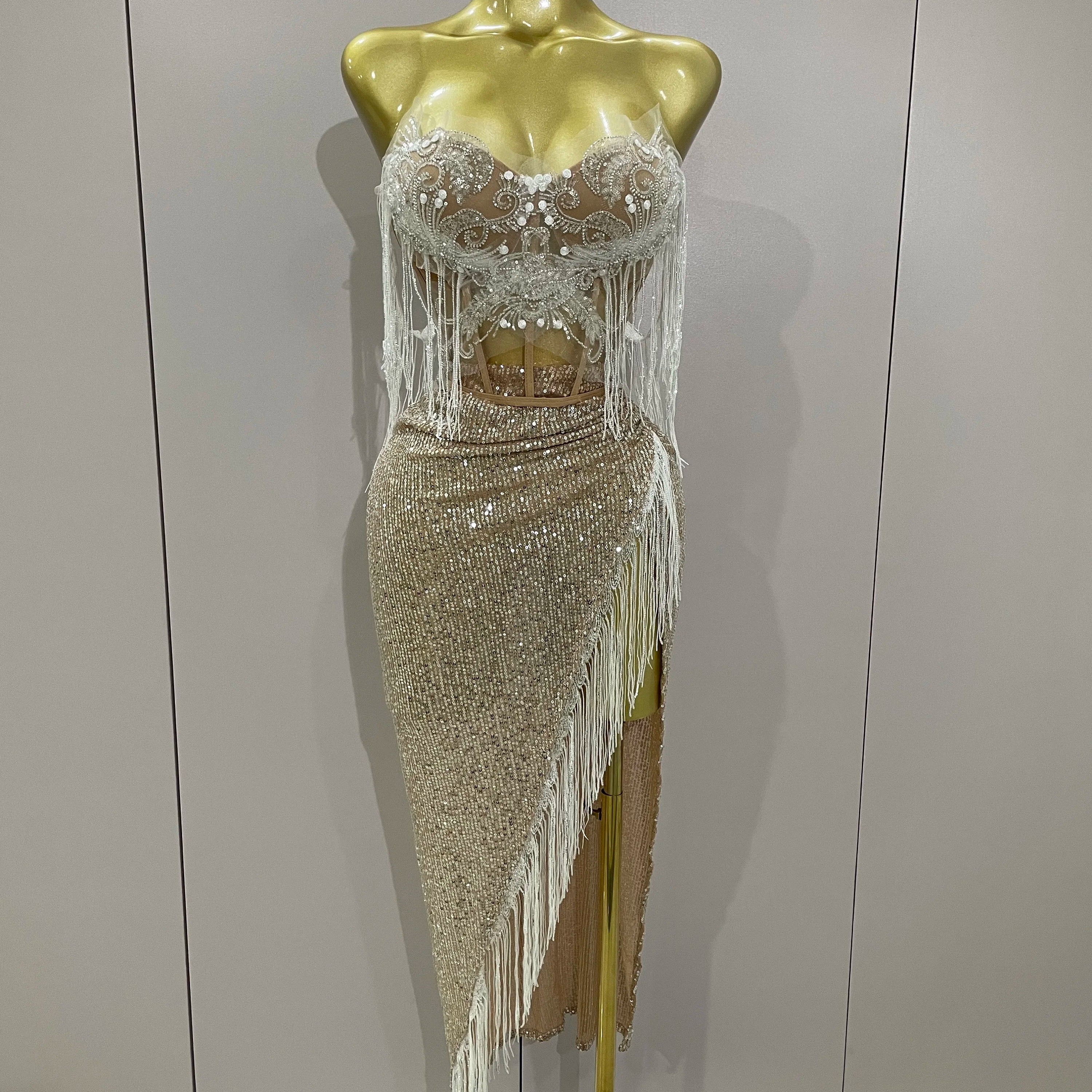 Sexy Luxury Sparkly Sequin Tassel Two Piece Set 2025 Women Evening Party Birthday Singer Performan Costume Nightclub Girl Outfit
