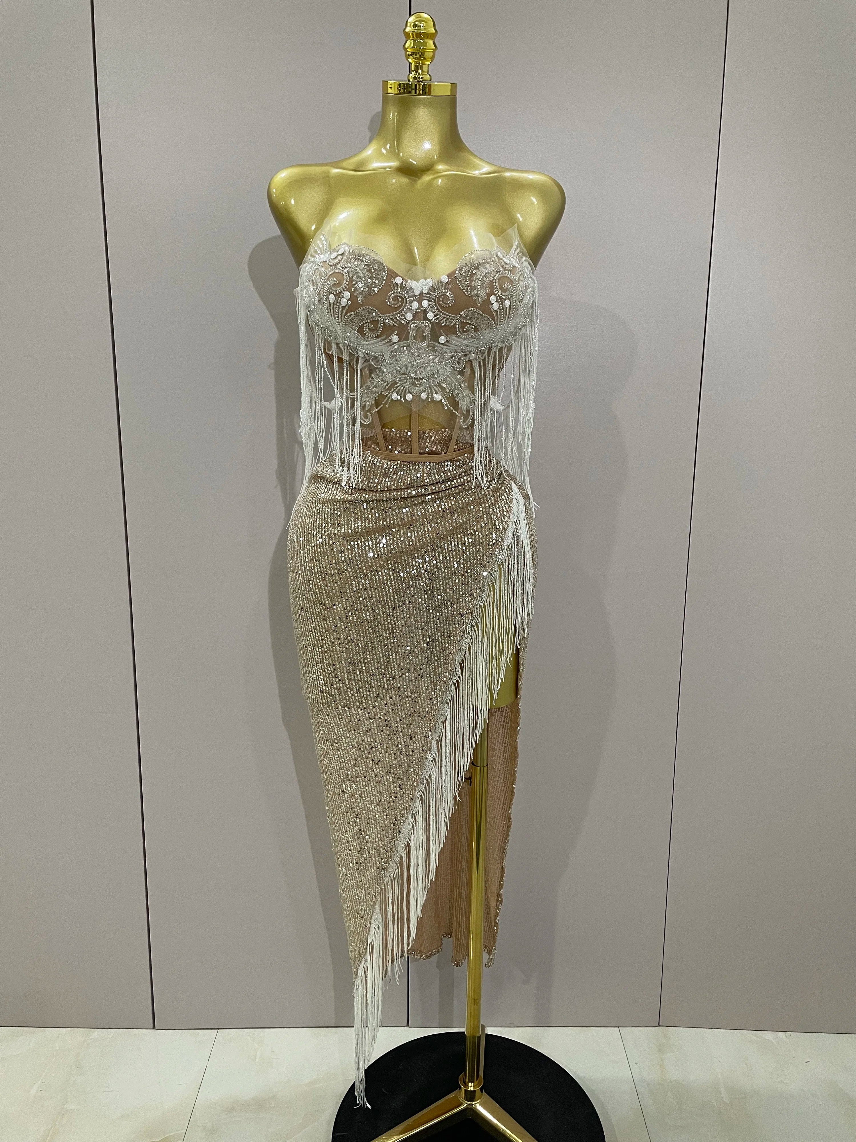 Sexy Luxury Sparkly Sequin Tassel Two Piece Set 2025 Women Evening Party Birthday Singer Performan Costume Nightclub Girl Outfit