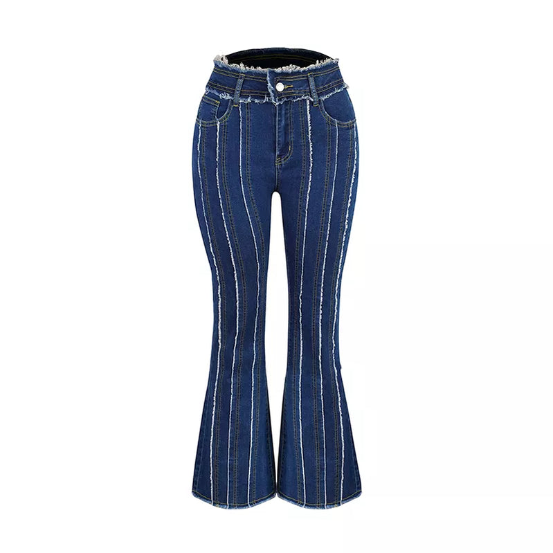 Calças de brim de estiramento das mulheres do vintage moda cintura alta alargamento jeans feminino fino emendado sino inferior streetwear lavagem denim calças 