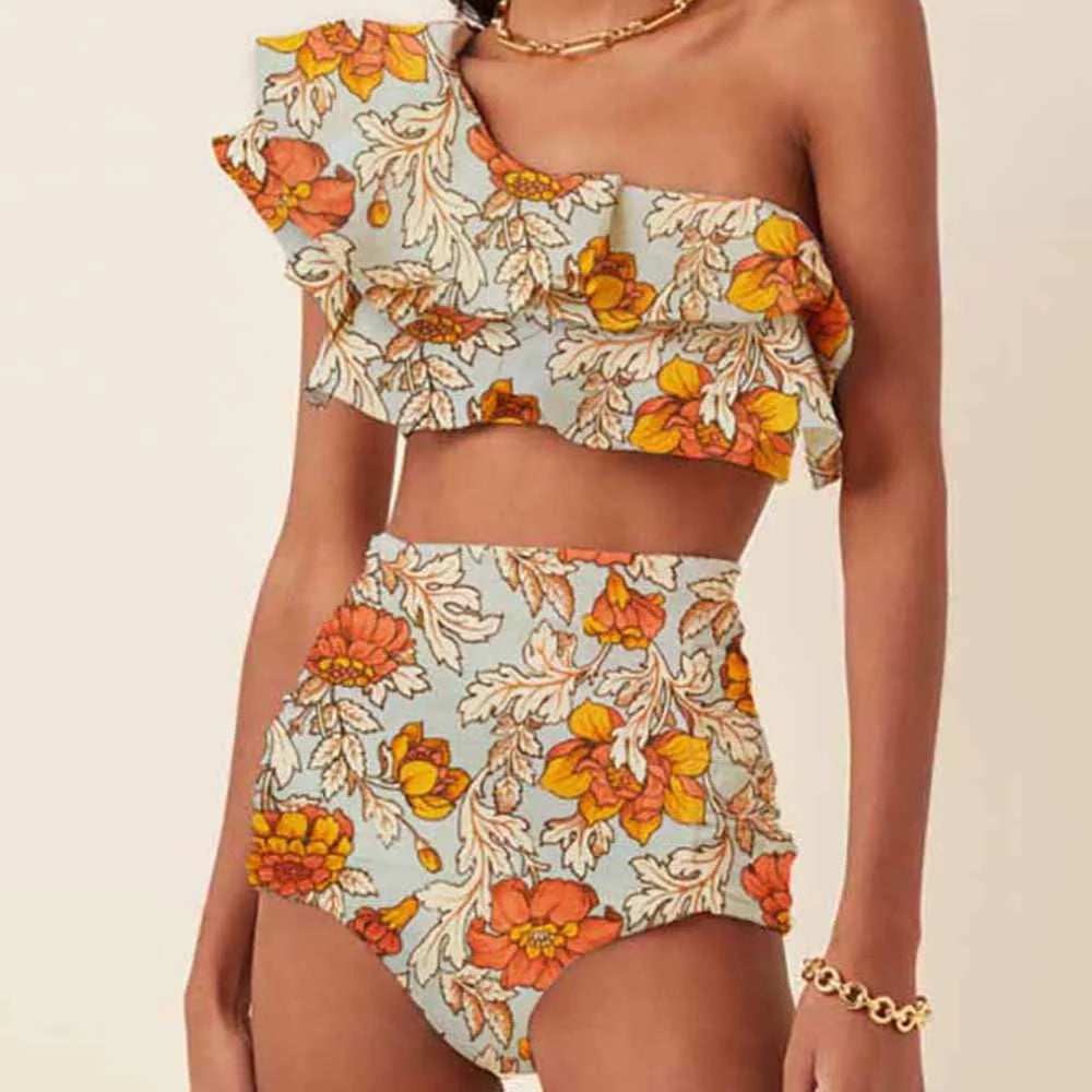 Women's Printed Ruffle Swimsuit Fashion One Shoulder Slash Breasted Bikini Two Piece High Waisted Tummy Tuck Beachwear 2023 New Gold