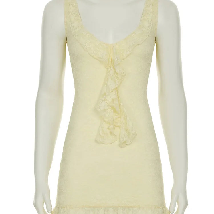 Lace Sleeveless Ruffle Sexy Mini Dress For Women Robe Elegant Deep V Neck Backless Bodycon Club Party Dress Vestido