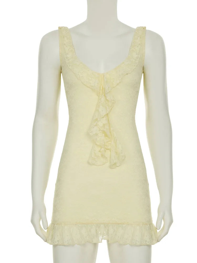 Lace Sleeveless Ruffle Sexy Mini Dress For Women Robe Elegant Deep V Neck Backless Bodycon Club Party Dress Vestido