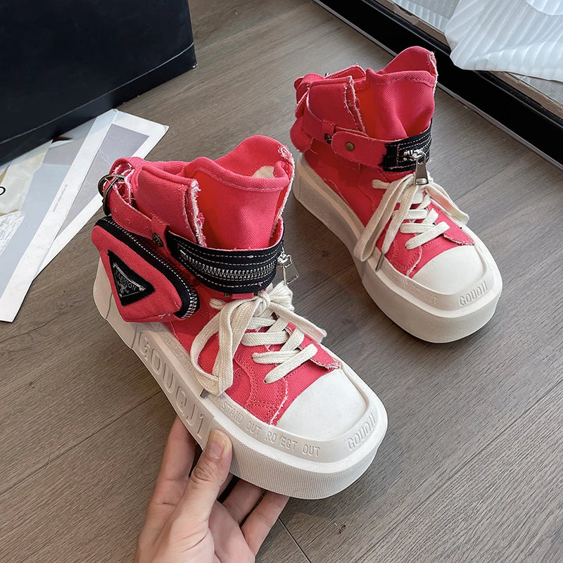 New Women's Ankle Boots Fashion Cowboy Knight Boot Punk Gothic Classic Denim Canvas Shoes Short Goth Platform Shoes Red