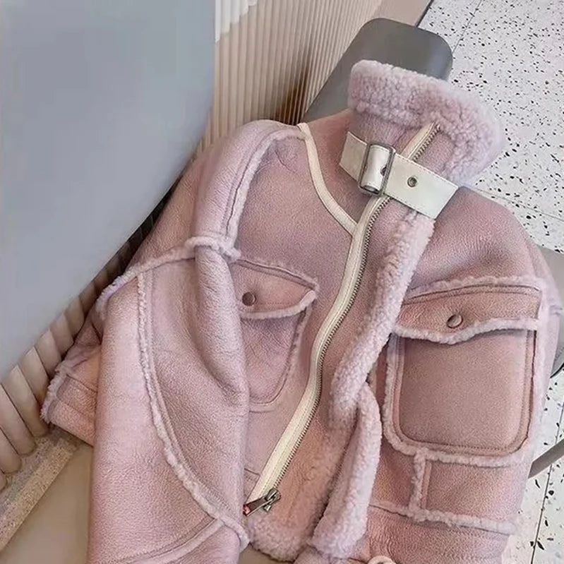 Streetwear Faux Fur Jacket Women Cropped Suede Leather Lamb Wool Coat Sweet Korean Motorcycle Stand Collar Fleece Short Outwear