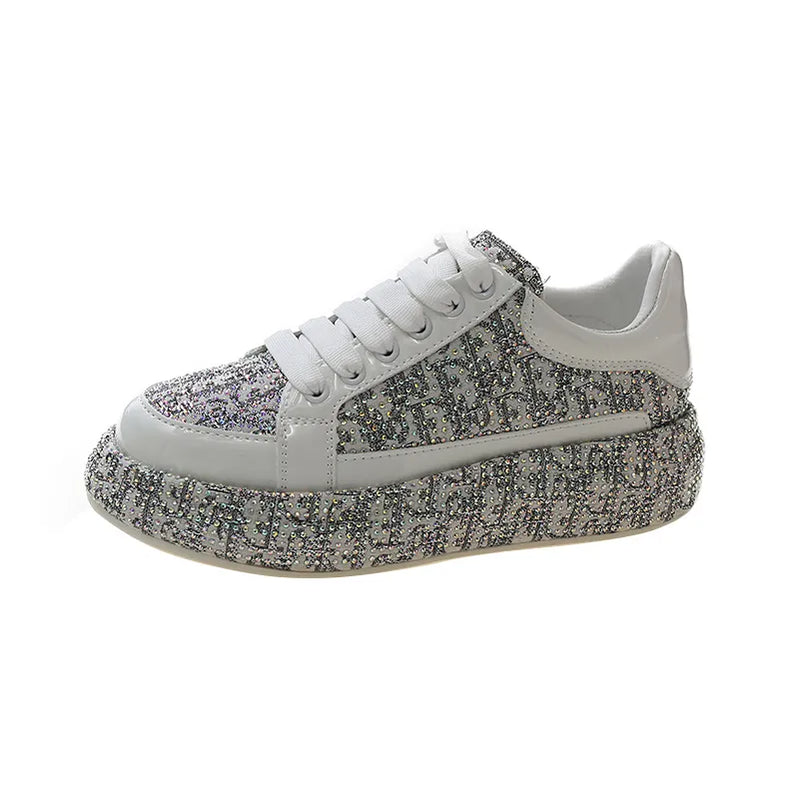 Fashion Sneakers Casual Flat Shoes Luxury Rhinestone Decorated Leather Upper Heightening Platform Womens Shoes WHITE
