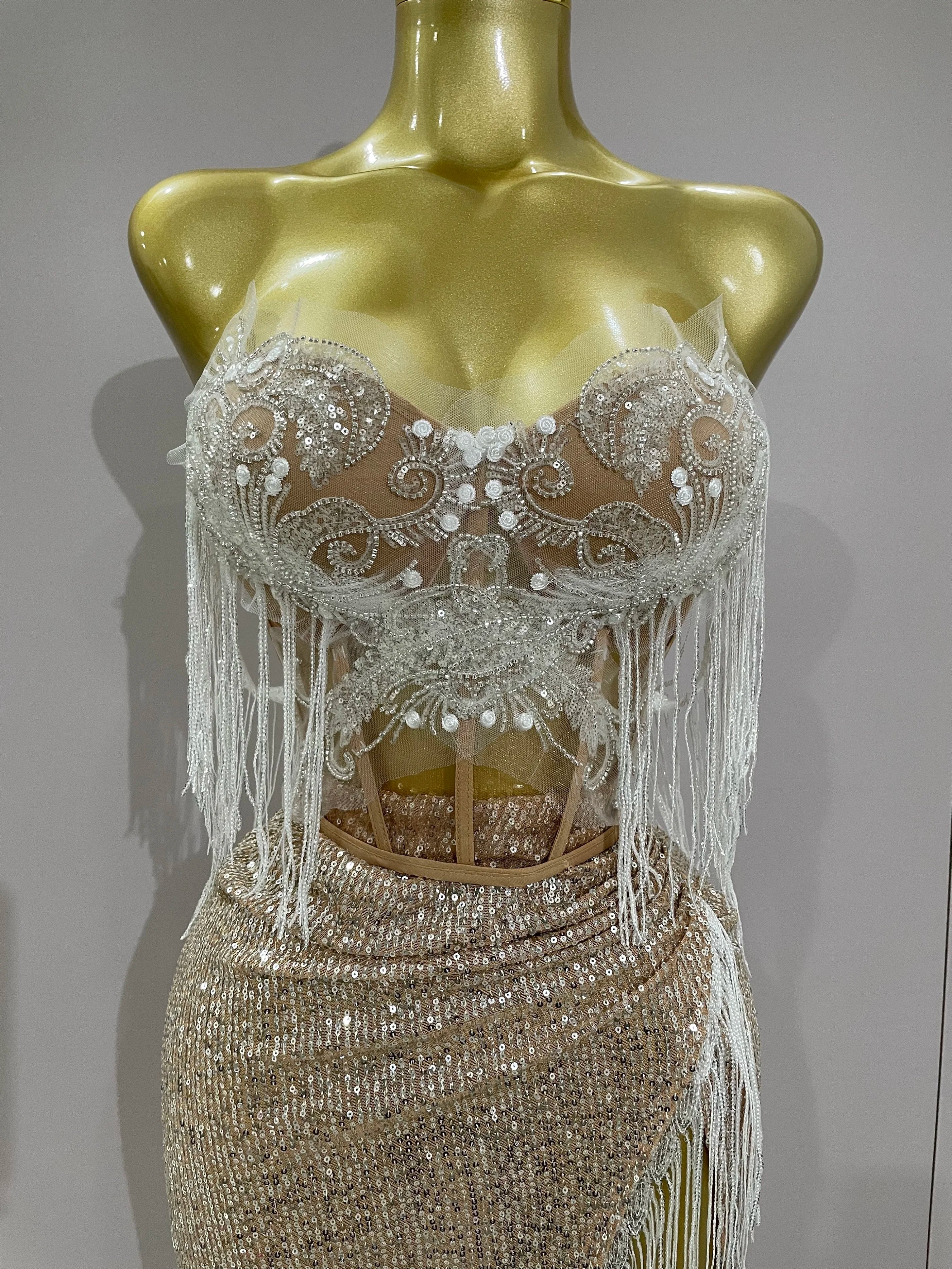 Sexy Luxury Sparkly Sequin Tassel Two Piece Set 2025 Women Evening Party Birthday Singer Performan Costume Nightclub Girl Outfit