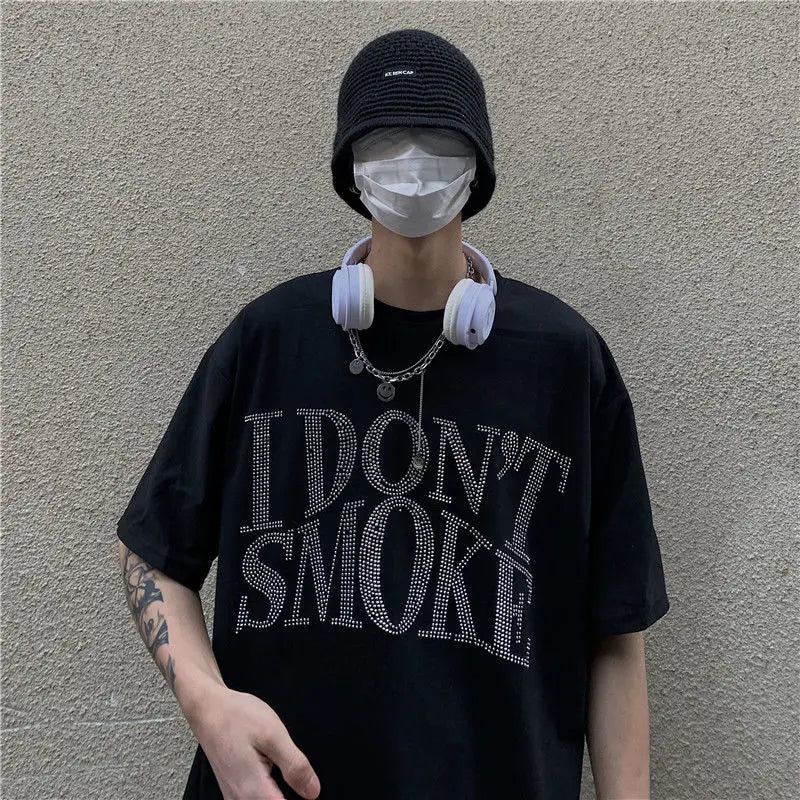 Rhinestone printing T-shirt couple men and women all-match three-dimensional logo printing short-sleeved street tide