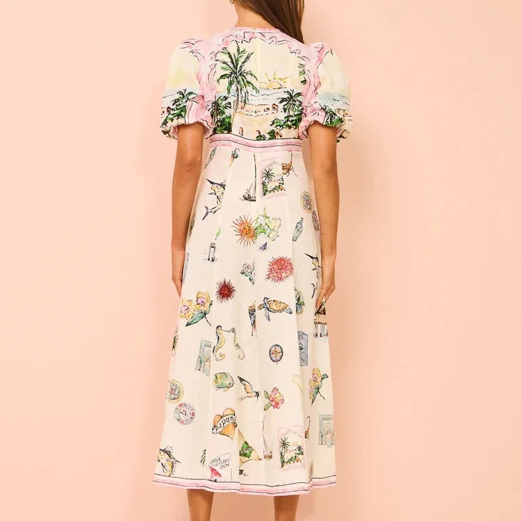 Women Casual Print Empire Waist Long Dress Short Sleeve Comfortable Loose Vintage Robe Party Club Vestidos Spring NEW