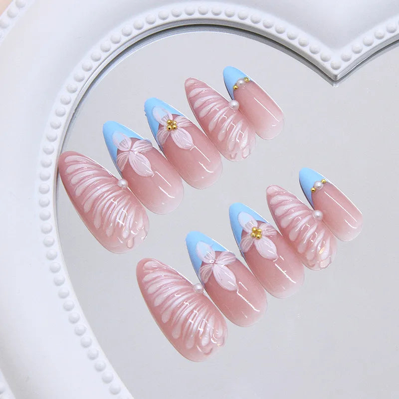 24pcs Dark Blue Press on Nails Starnight Swan Print Sweet Cool False Nails for Girl Wearable Reusable Almond Fake Nail Tips