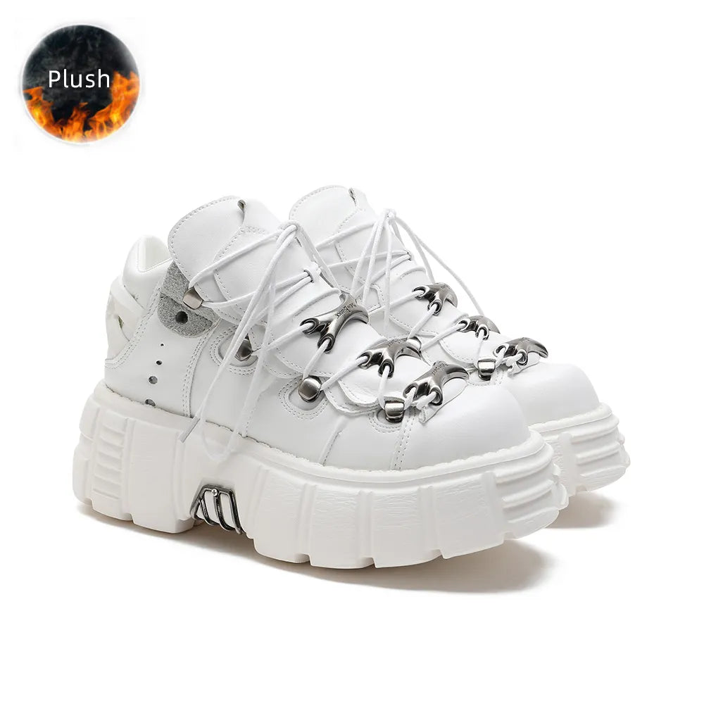 U-DOUBLE Brand Punk Style Women Shoes Lace-up heel height 6CM Platform Shoes Woman Gothic Ankle Boots Metal Decor Woman Sneakers White with Plush