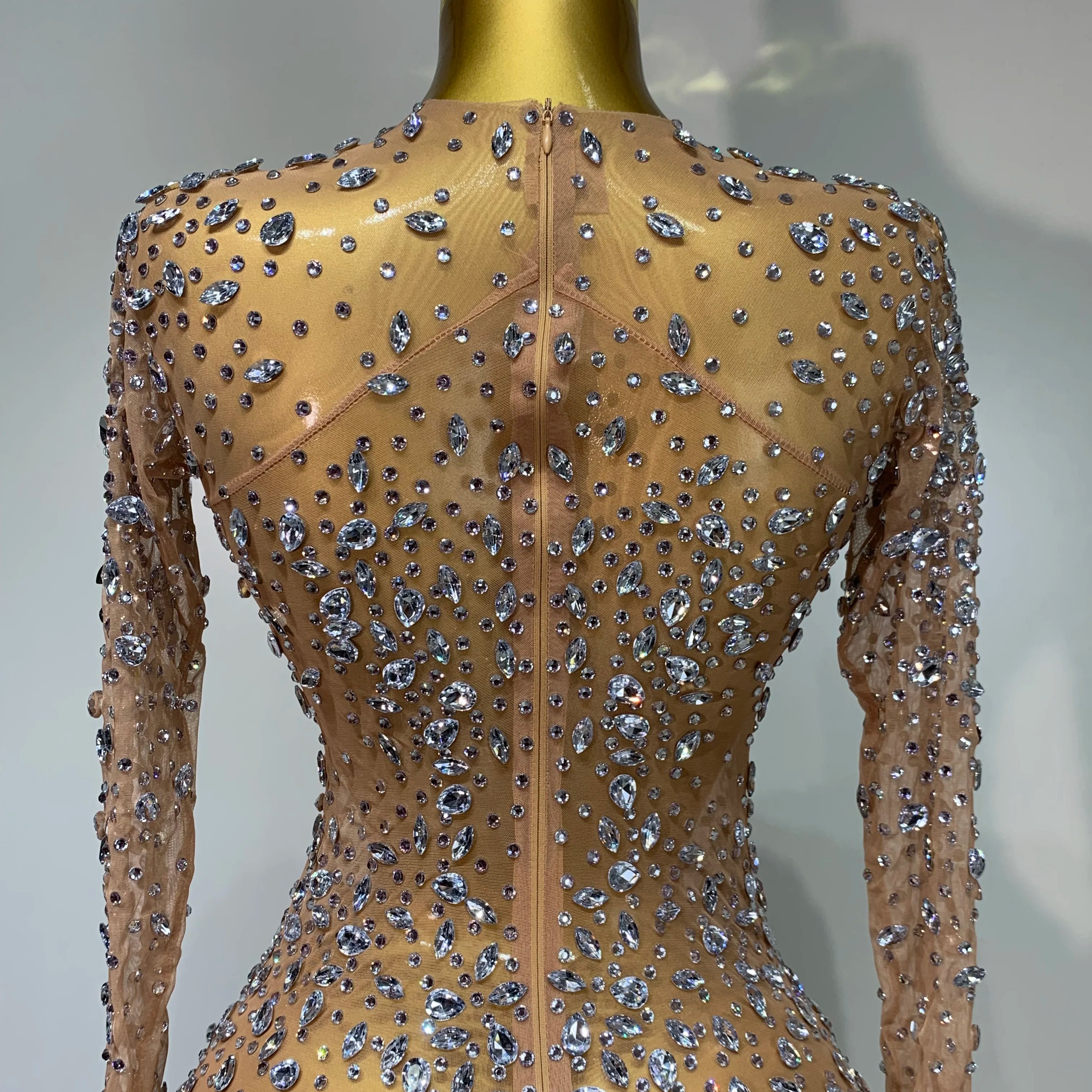 Women Sexy Long Sleeve Bodycon Dress Luxury Birthday Evening Party Glitter Rhinestones Mesh See Through Prom Gown Stage Outfit