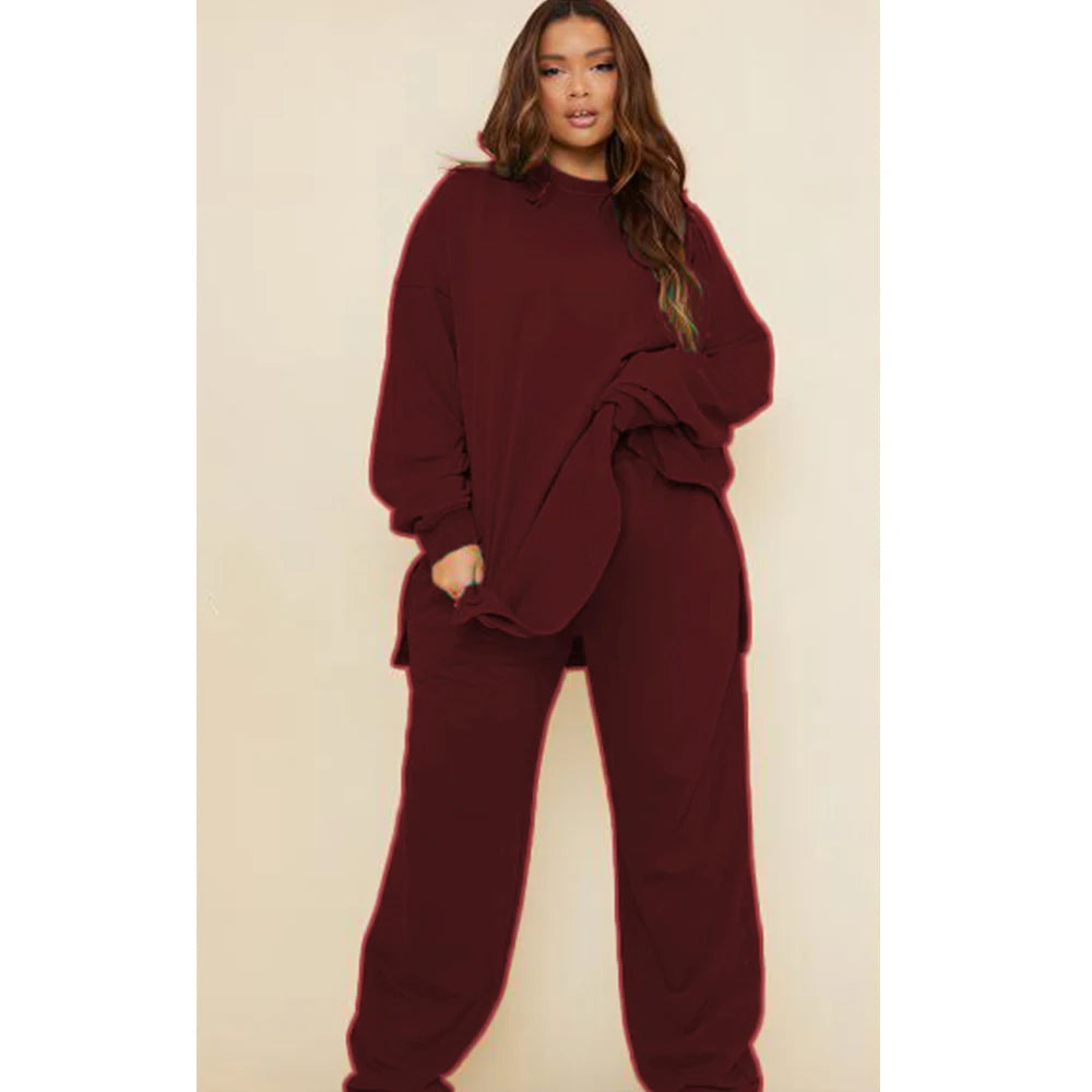 Women's Plus Size Casual Sport Matching Set Cargo Pant and Long Hooded Round Neck Two Piece Set Solid Leisure Loose Outfit Set