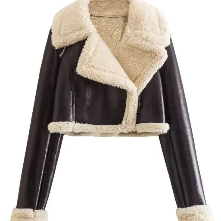 Autumn Winter Women's Leather Jacket Coat Fashion Vintage Zippers Faux Leathers Casual Simple Cool Short Soft Warm Coats Coffee