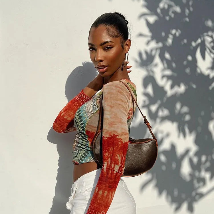 Autumn Art Print T-shirt Women's Wear Long-sleeved O-Neck Short Section Navel Slim Fit Top Female Street Comfort Clothing