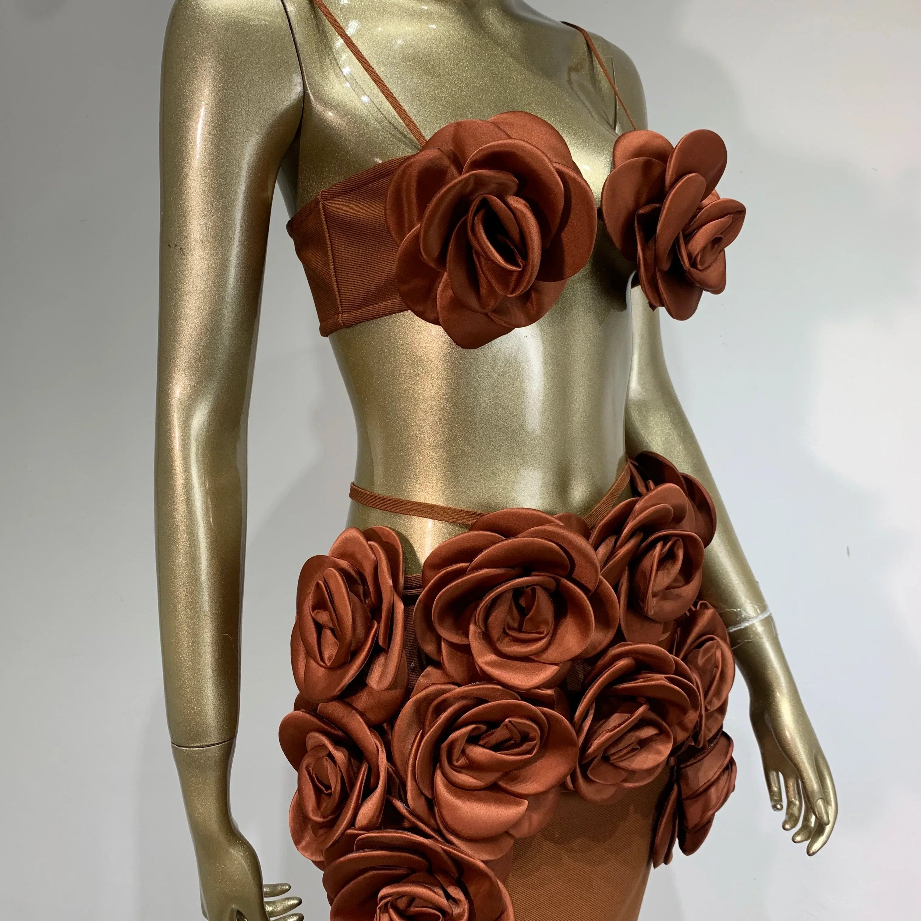 Women Celebrity Sexy Backless Halter Flower Brown Maxi Long Bandage Skirt Set 2025 Knitted Elegant Evening Club Party Clothing