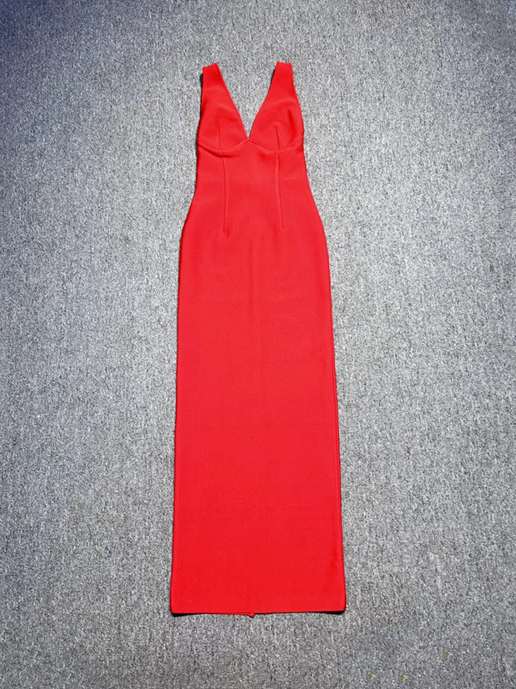 Women Sexy V Neck Backless Red Maxi Long Summer Celebrity Bodycon Bandage Dress 2025 Elegant Evening Club Party Dress