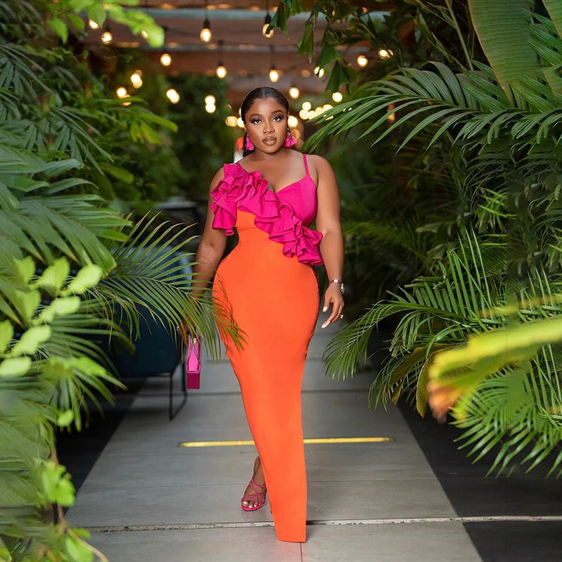 Fashion Orange Color Women Sleeveless Sexy V-Neck Ruffles Bodycon Mid-calf Bandage Dress Birthday Celebrate Party Dress