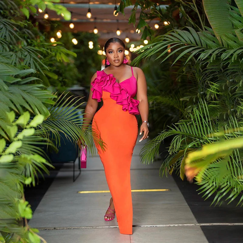 Fashion Orange Color Women Sleeveless Sexy V-Neck Ruffles Bodycon Mid-calf Bandage Dress Birthday Celebrate Party Dress