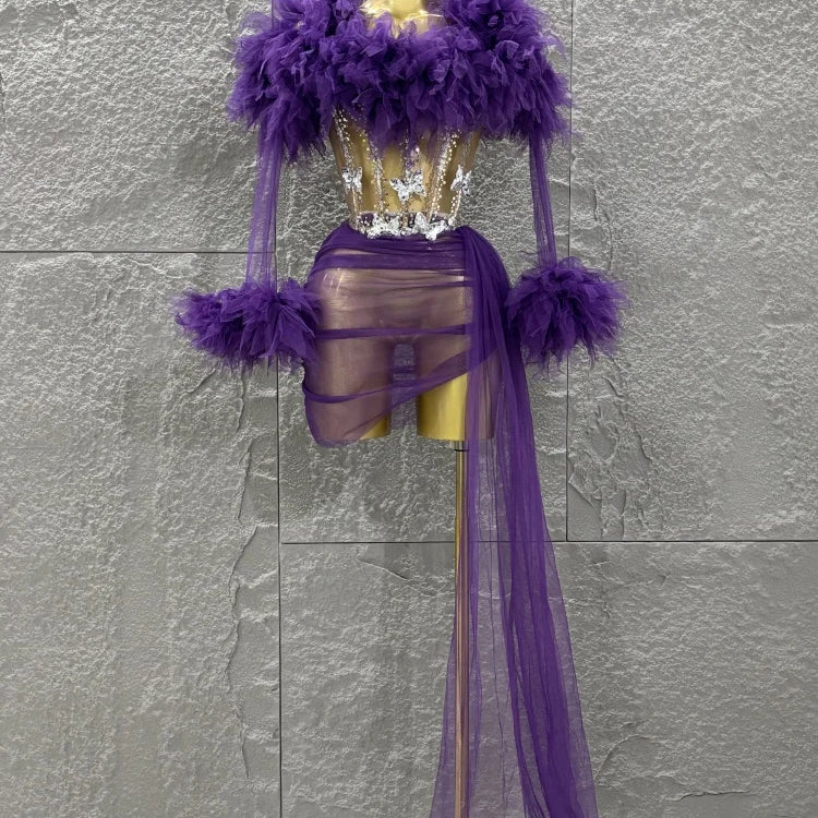 White Purple Women Sexy Mesh Ruffles 2 Pieces Bodycon Mini Dress See Through Celebrate Nightclub Party Bar Singer Stage Wear